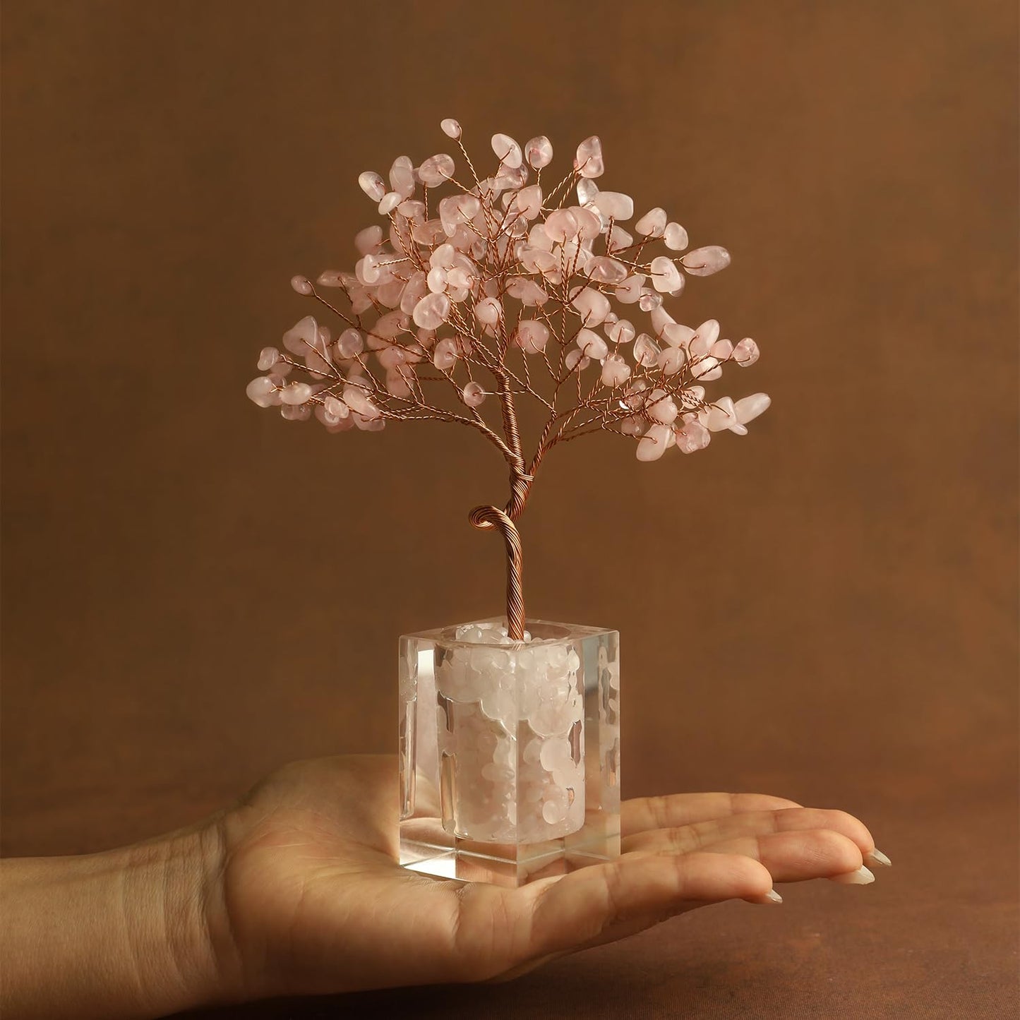 MAGIC AND MIRACLES Rose Quartz Crystal Tree of Life Office Desk Decor for Women Home Living Room Decorations, Handmade Bonsai Tree for Emotional Support Harmony Natural Healing