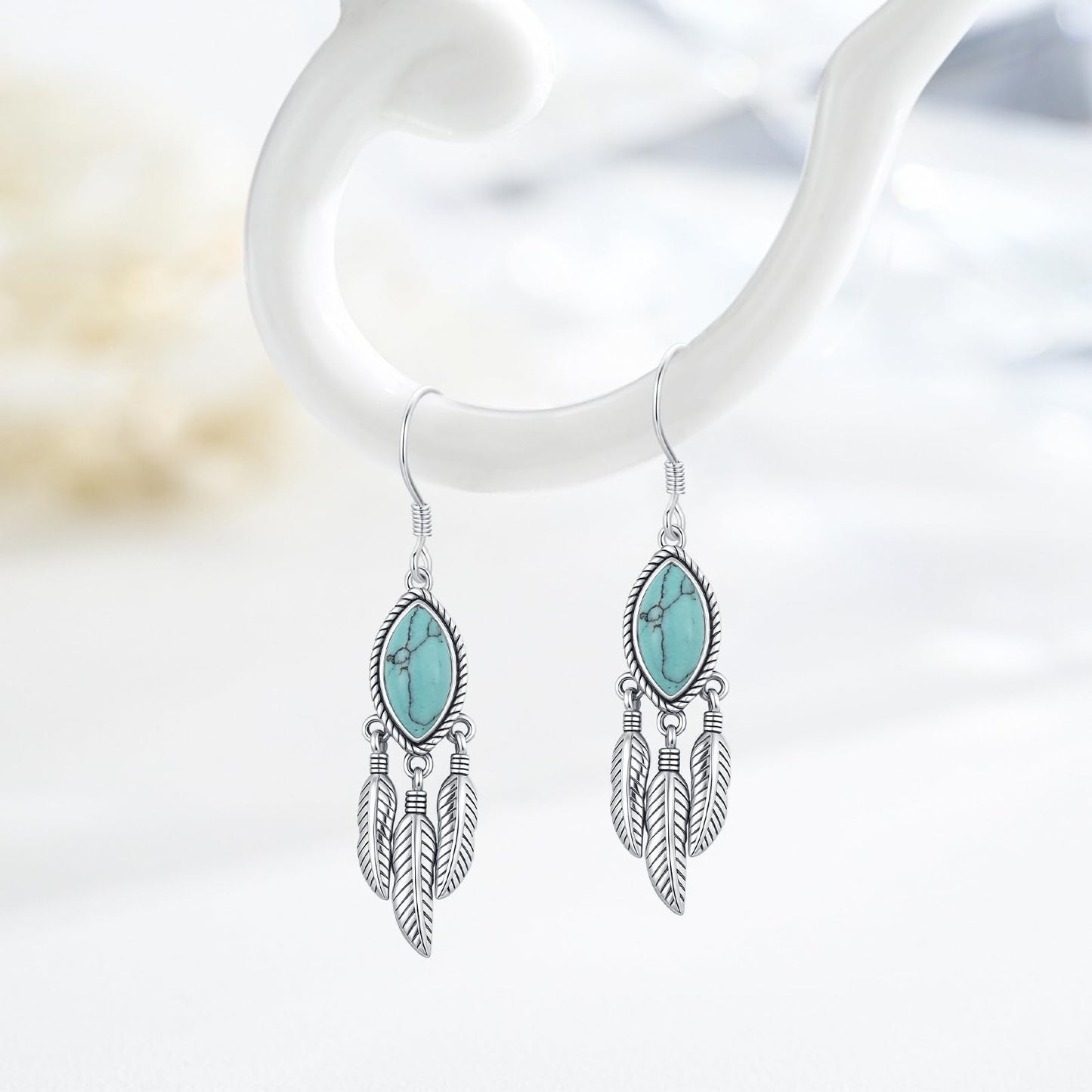KoyeKei Turquoise Feather Dangle Drop Earrings for Women Western 925 Sterling Silver Feather Boho Leaf Statement Earrings Country Vintage Jewelry Christmas Gifts