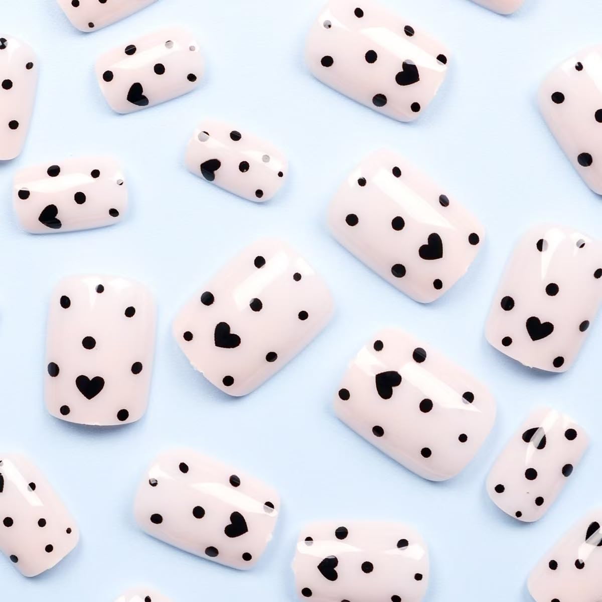 Square Press on Nails Short Fake Nails with Black Heart Spot Design Full Cover Glossy Stick on False Nails for Women 24 Pcs