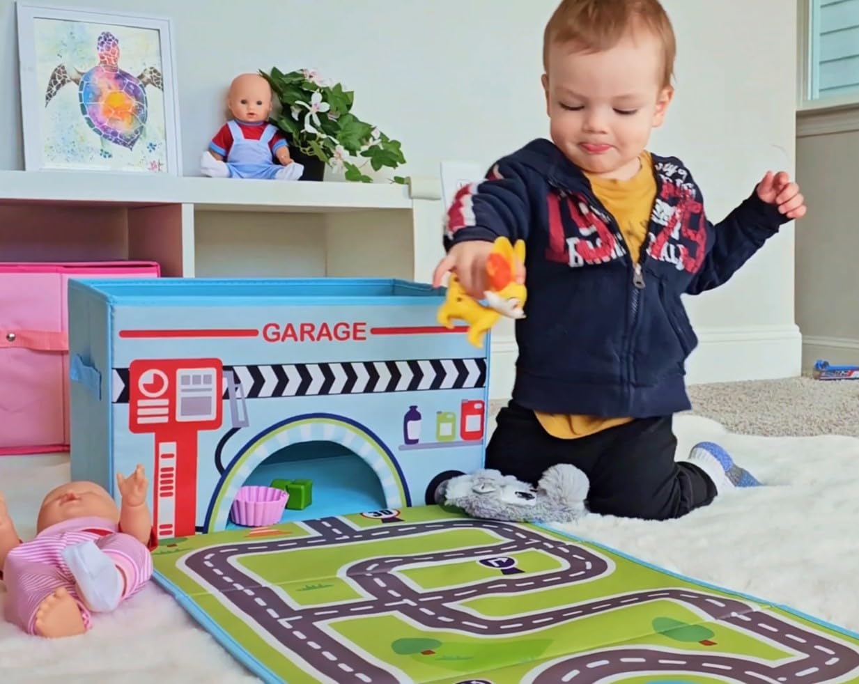 SAM AND MABEL Toy Cars Garage Box – Toy Storage Box with Car Rug Play Mat, Collabsible Storage Organizer for Boys and Girls (GoGarage)