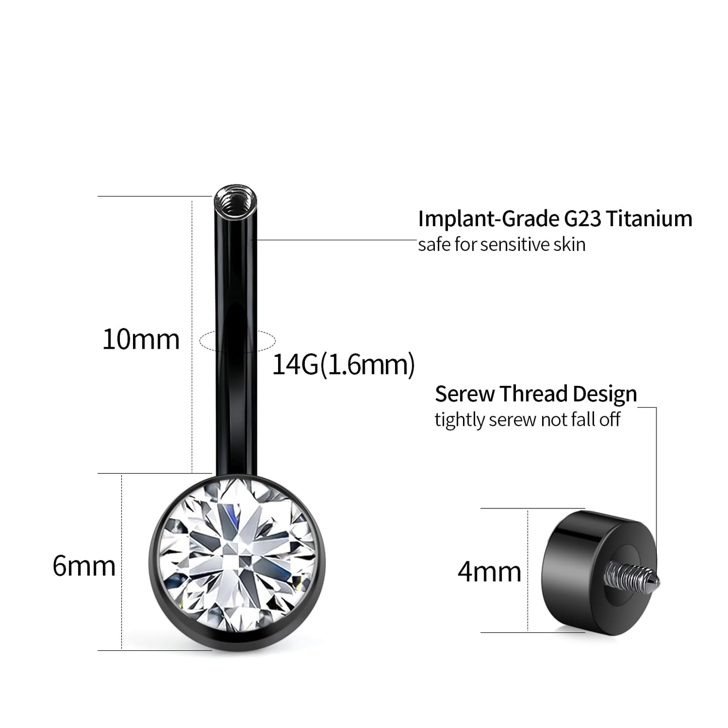 XUU Titanium Belly Button Rings, Black & Silver – 14G Internally Threaded Navel Piercing Jewelry, 10mm & 12mm Curved Barbells with 7 Colors Gems – Hypoallergenic (Black-Clear cz, 10MM)