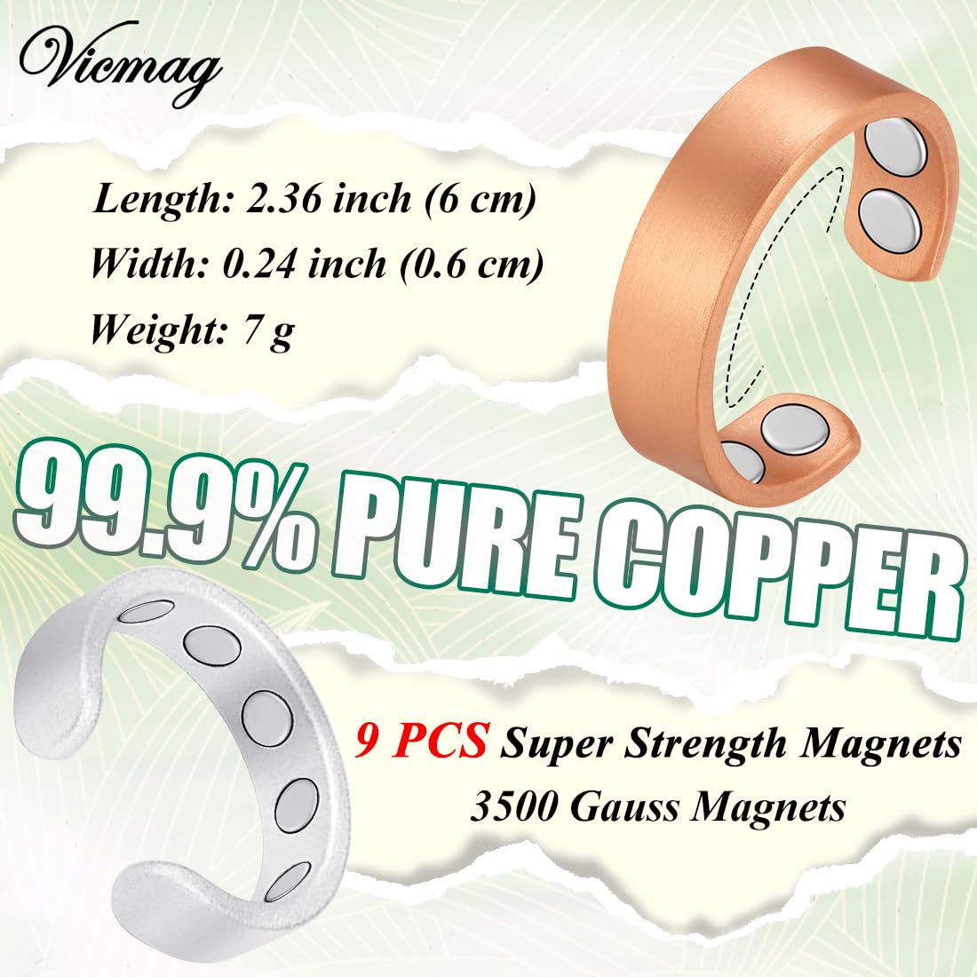 Vicmag 2PCS Magnetic Copper Rings for Women & Men,99.99% Pure Copper Ring with 9X Magnets Gift Adjustable(9X Copper & Silver)