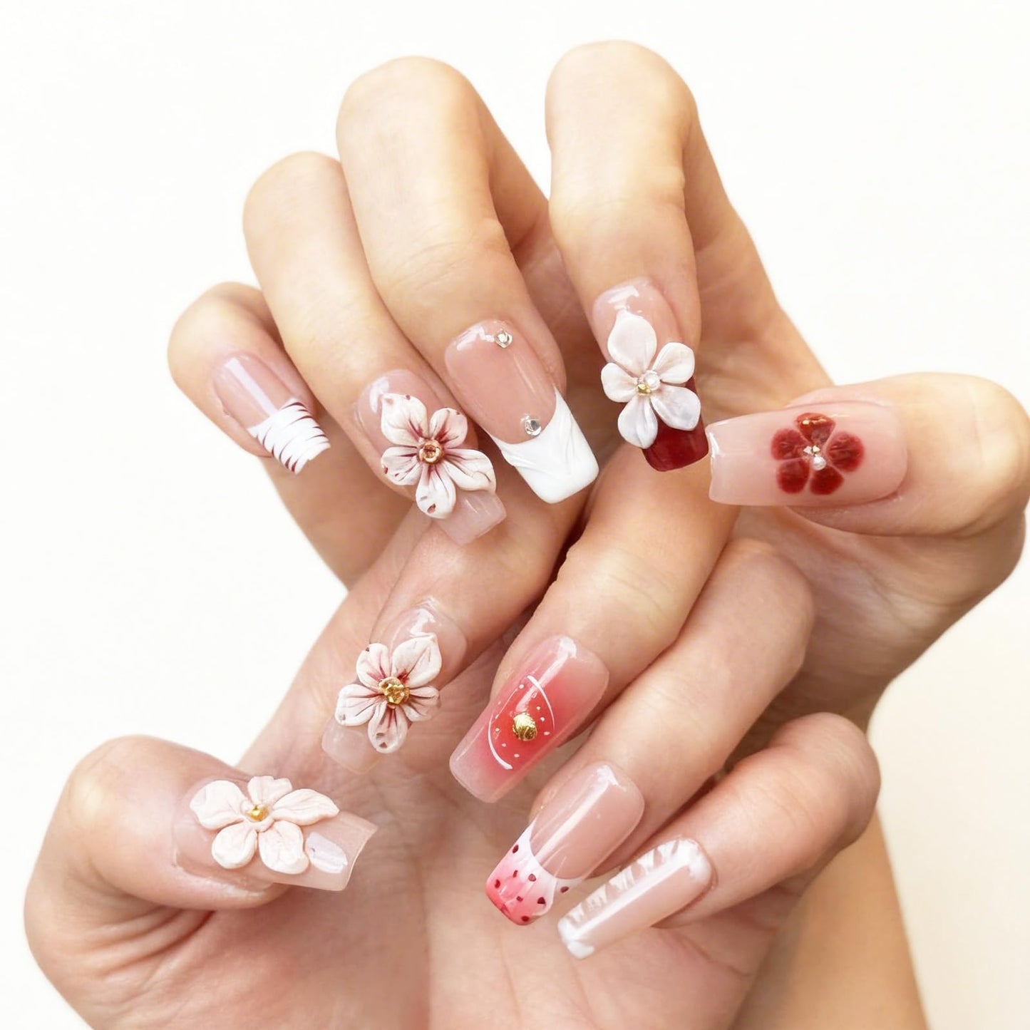 Nude Pink Handmade Press On Nails – Long Coffin Rhinestone & Flower Fake Nails, Full Cover Thick Acrylic & Multi-Layer Gel Stick On Nails Spring Pattern (M-10PCS)
