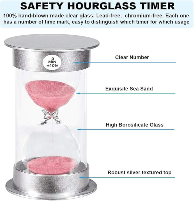 Hourglass Sand Timer 5 Minute: Silver Plastic Sand Clock 5 Minutes, Hour Glass Sandglass Timer for Kids, Games, Classroom, Kitchen, Decoration (5 Min, Pink Sand)