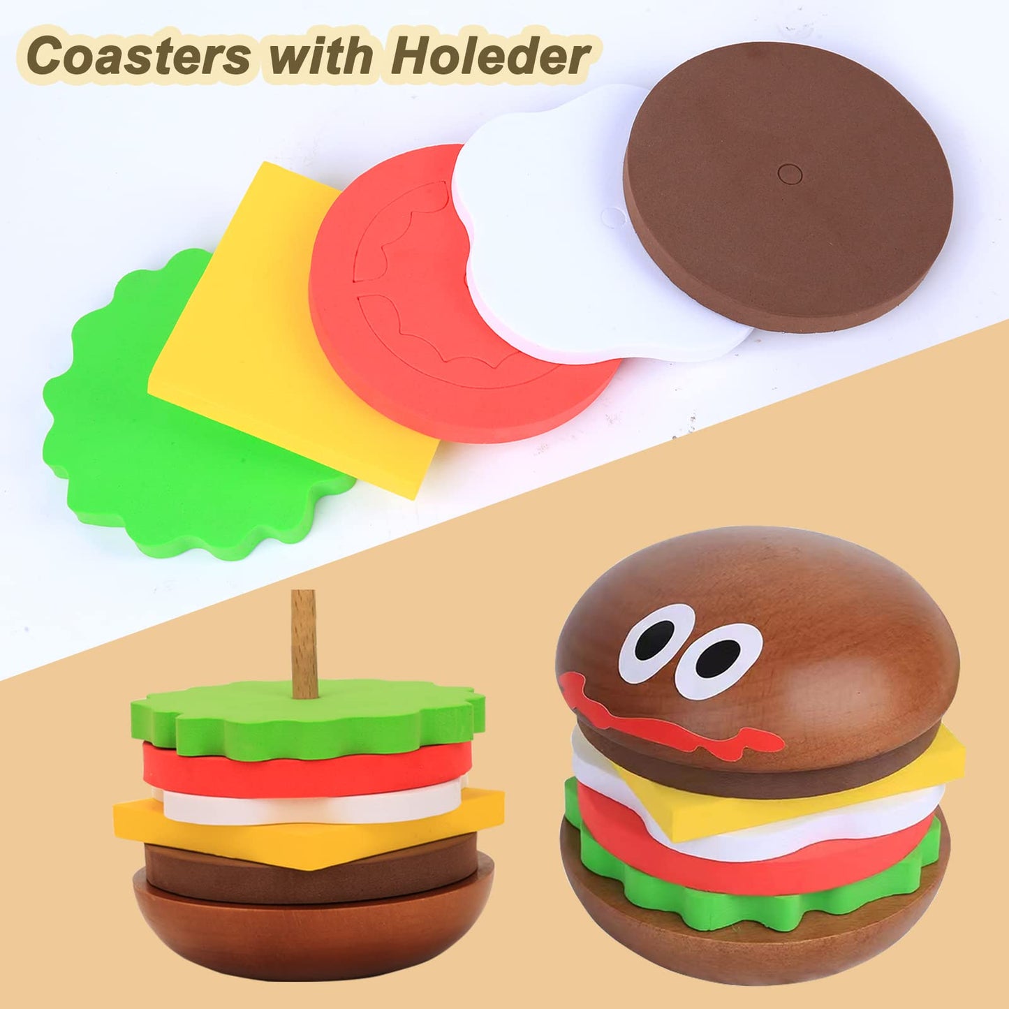 Fun Coasters Set for Drinks,Novelty Burger Coasters for Coffee Table,DIY Wooden Coasters for Drinks,,Cup Mat Wood Cup Lips,Gift for Housewarming,Birthday,Table Decor