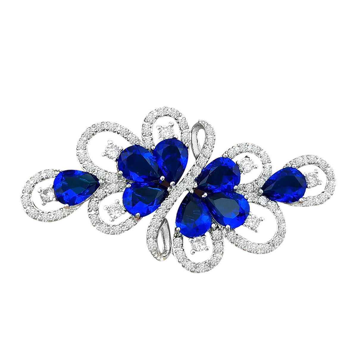 YOQUCOL Luxury Cubic Zirconia Crystal Rhinestone Dark Blue Stone Ribbon Shape Silver Tone Brooch Pin for Women