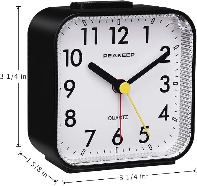 Peakeep Small Battery Operated Analog Travel Alarm Clock Silent | No Ticking, Lighted on Demand and Snooze, Beep Sounds, Gentle Wake, Ascending Alarm, Easy Set (Black)
