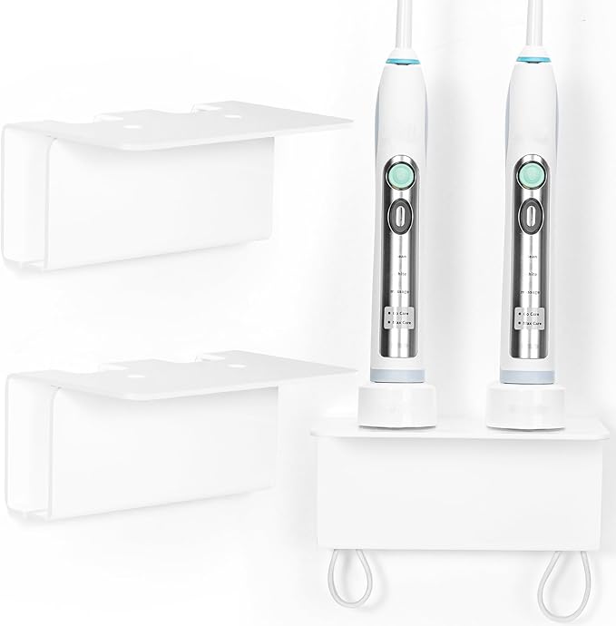 Acrylic Electric Toothbrush Holder for Bathroom, Wall Mounted Electric Toothbrush Holder with Hidden Cable Management, Space-Saving and Convenient for Charging -White-2P