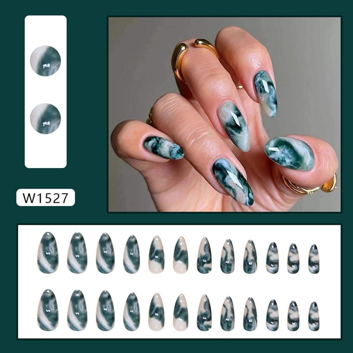 CTTHNBD Press On Almond Medium Green False Nails with Gradient Marble Design - Glossy Acrylic Full Cover Glue on Nails - 24 Pcs