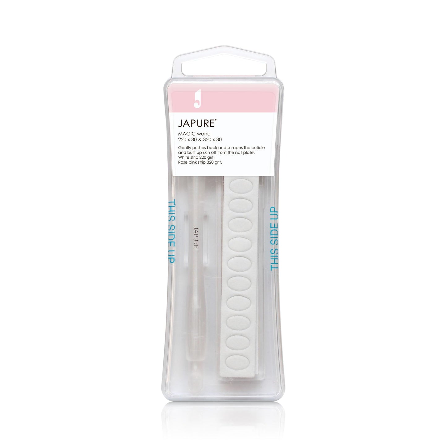 JAPURE Magic Wand Professional Cuticle Pusher Kit - White Handle + 60 Refills, 220/320 Grit - Japanese Emery Nail Prep Tool for Sensitive Cuticles & Flawless Sidewalls