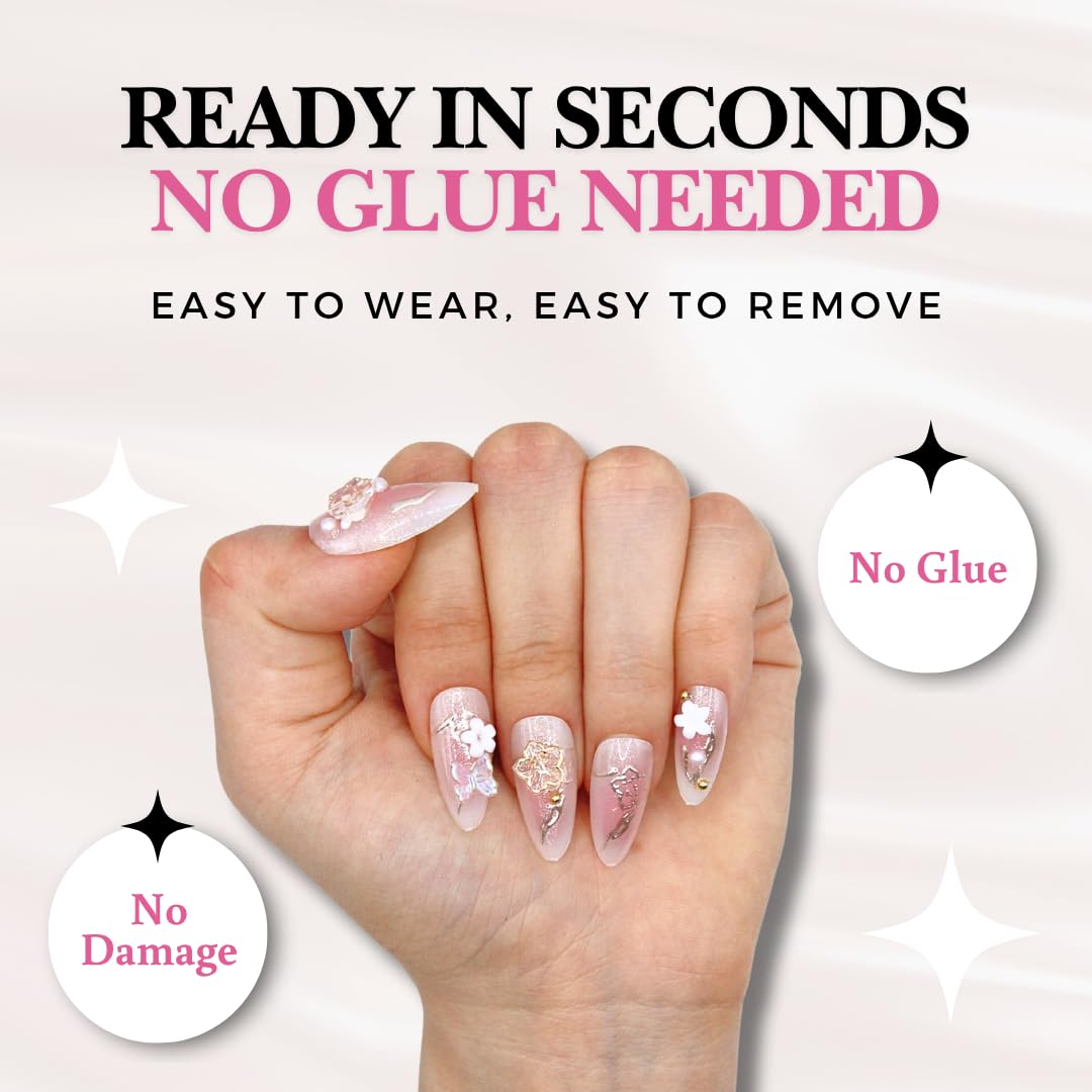 Votrenaeil Press On Nails - Spring Bloom | No Glue Short Almond Pink Ombre Fake Nails with 3D Floral for Wedding - 24 Pcs Nail Kit with Adhesive Tabs