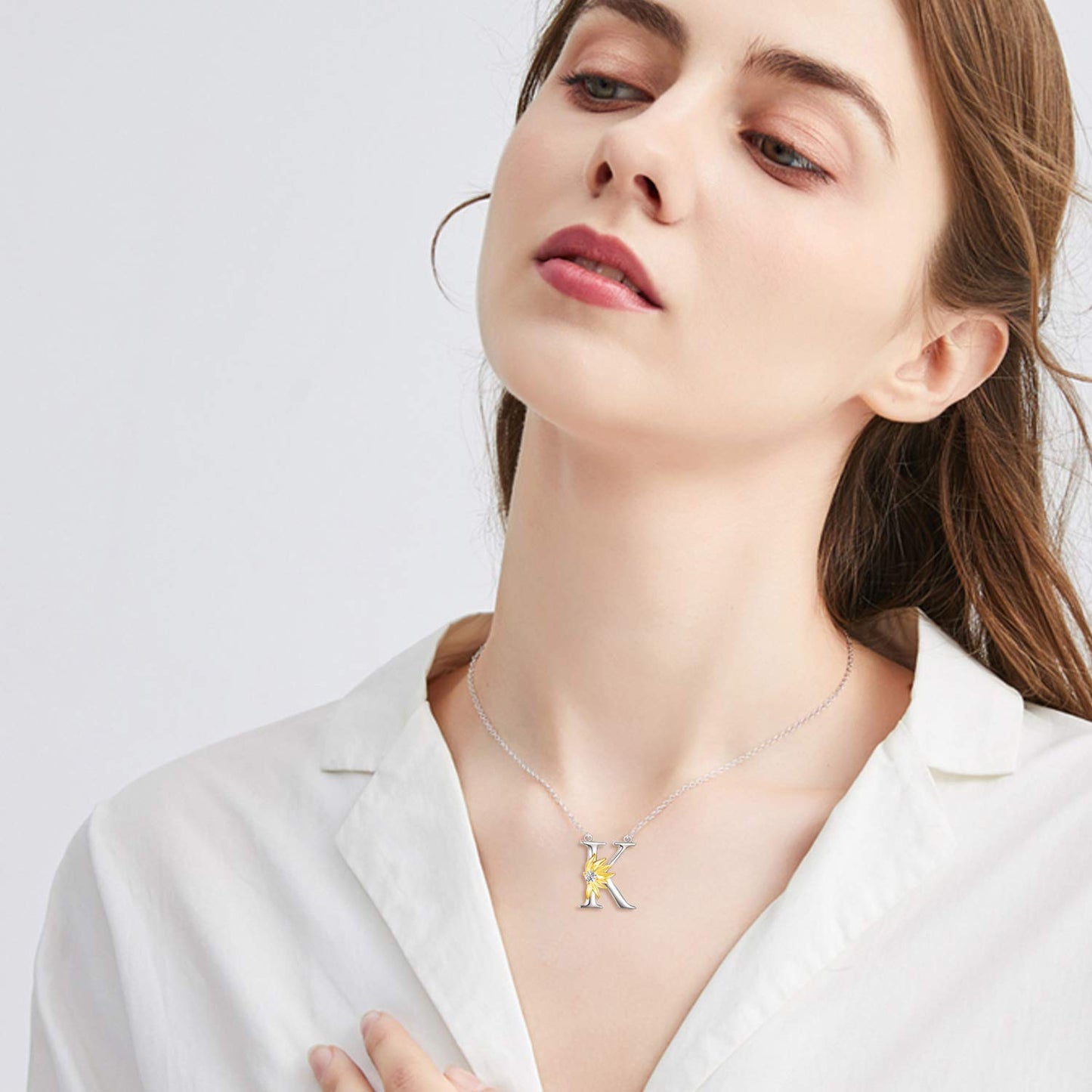 POPLYKE Sterling Silver Initial K Alphabet Letter Script Name Pendant Chain Necklace for Women for (Sunflower K)