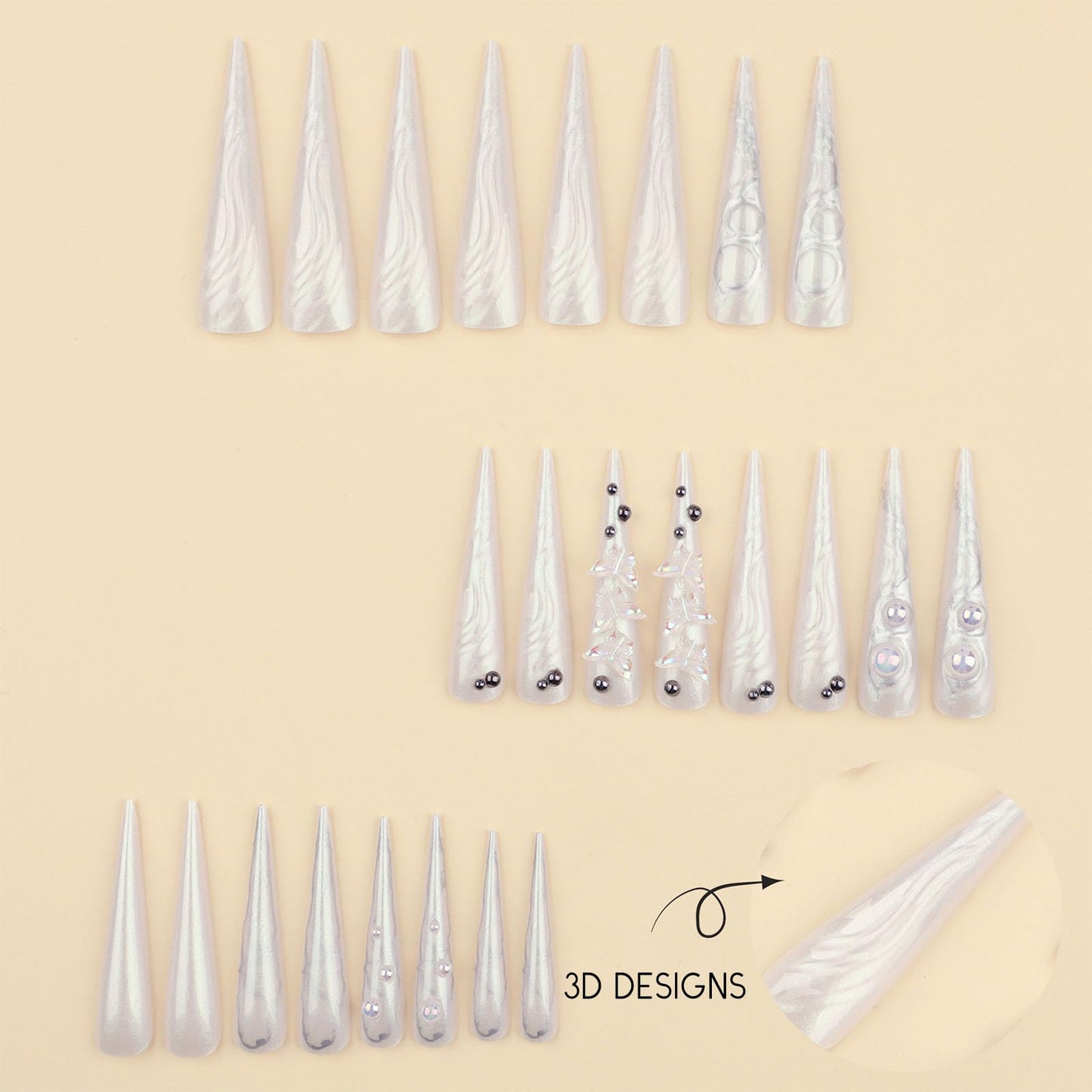 IMRAIN Press on Nails Long Stiletto Fake Nails White Chrome Glossy Glue on Nails Full Cover Pearl Extra Long Acrylic Nail Kit Stick on False Nails for Women Girls 24Pcs