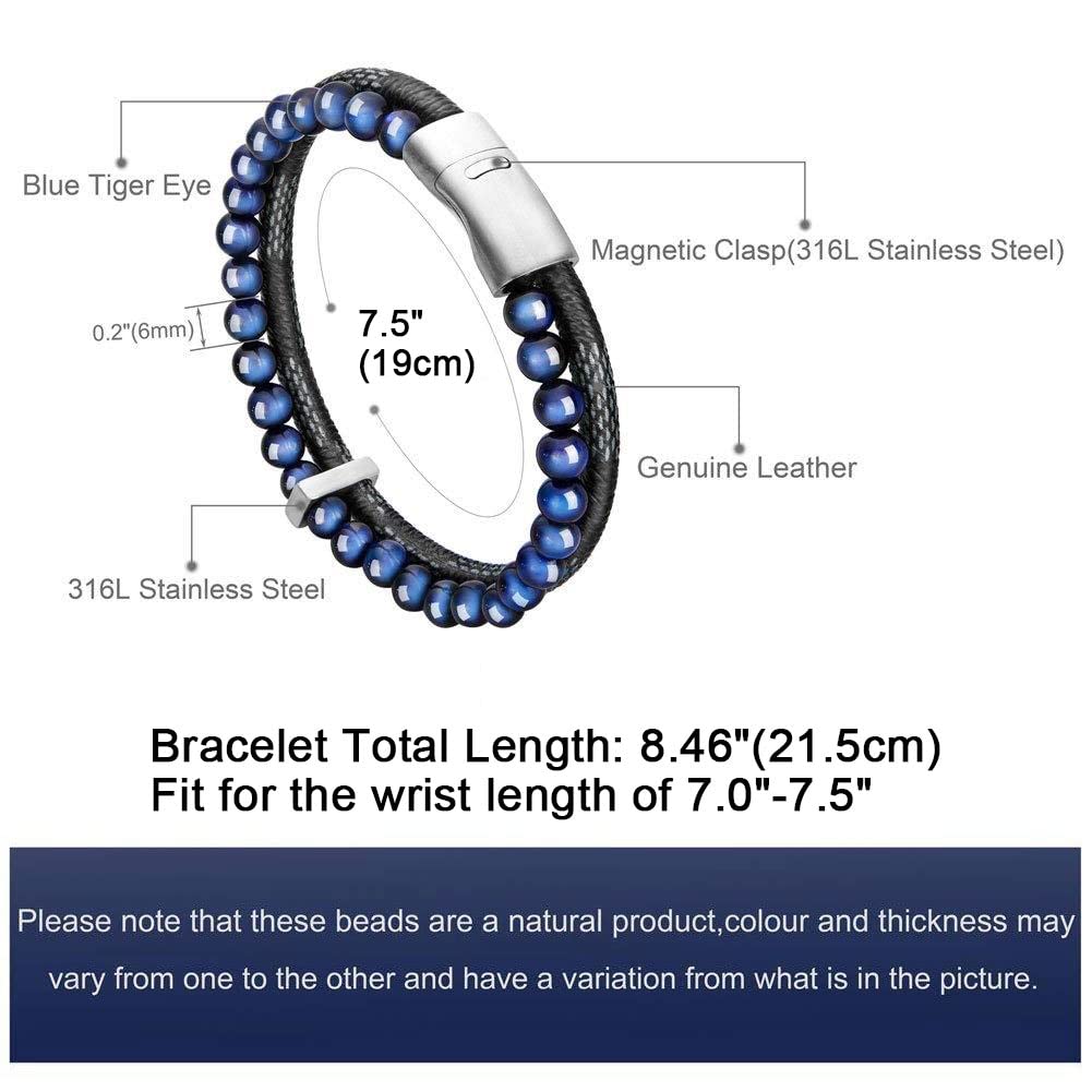 murtoo Mens Bead Leather Bracelet, Blue and Brown Bead and Leather Bracelet for Men (Blue-silver)