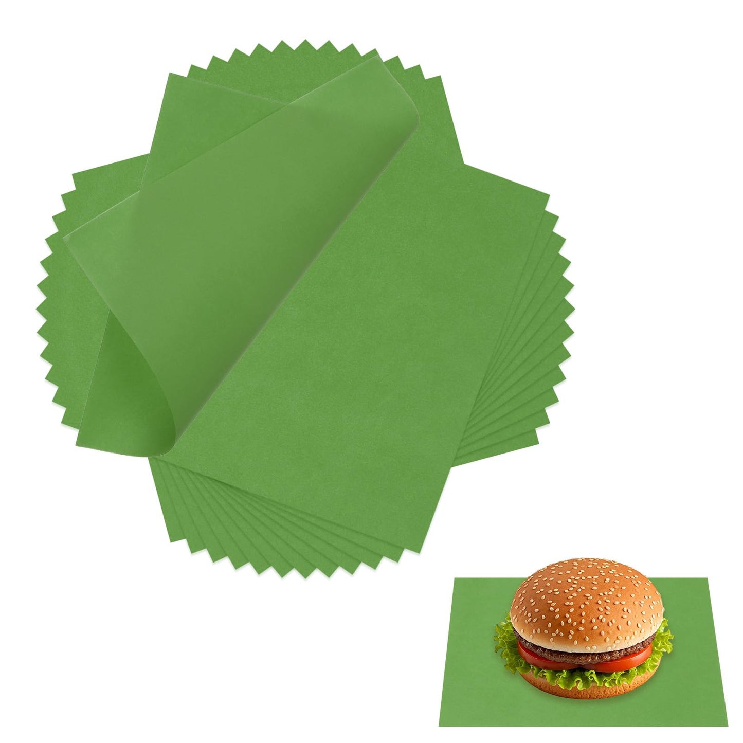 uxcell 100 Pcs Wax Paper Sheets for Food, 8.7 x 8.7 Inch Greaseproof Wrapping Paper Sheets, Square Food Basket Liners for Sandwich Hamburger Bread, Green