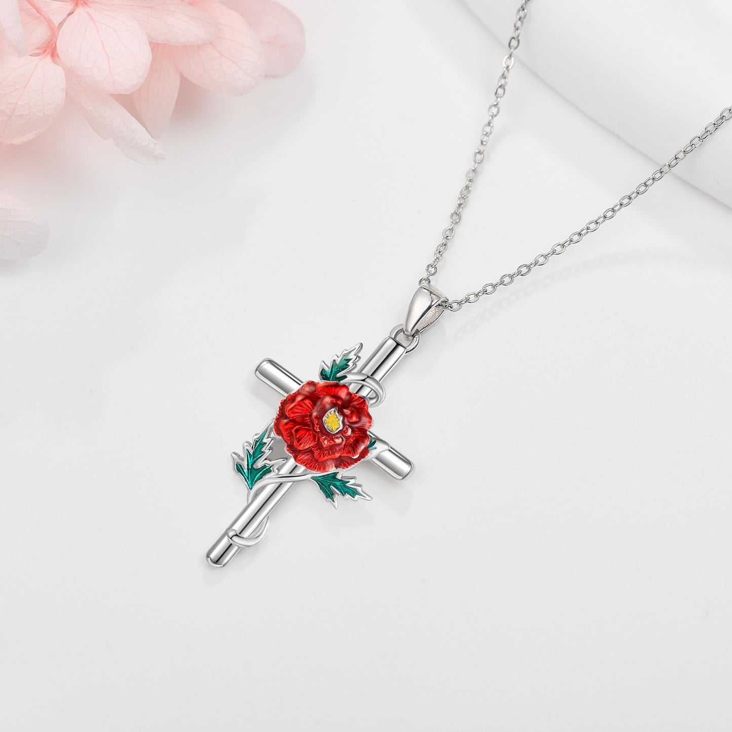 JERWLI Marigold Necklace 925 Sterling Silver Marigold Cross Pendant Necklace October Birth Flower Jewelry for Women