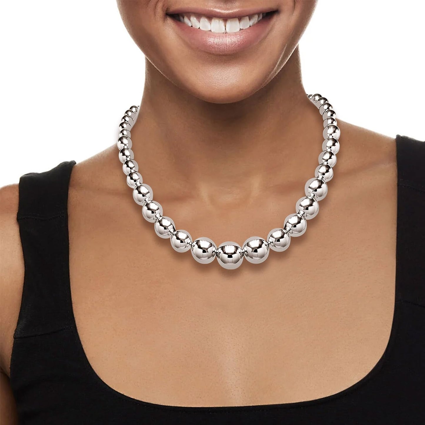 Cryshimmer Silver Bead Choker Necklace for Women Handmade Big Beaded Ball Necklace Earring Set Costume Jewelry (Silver Plated)