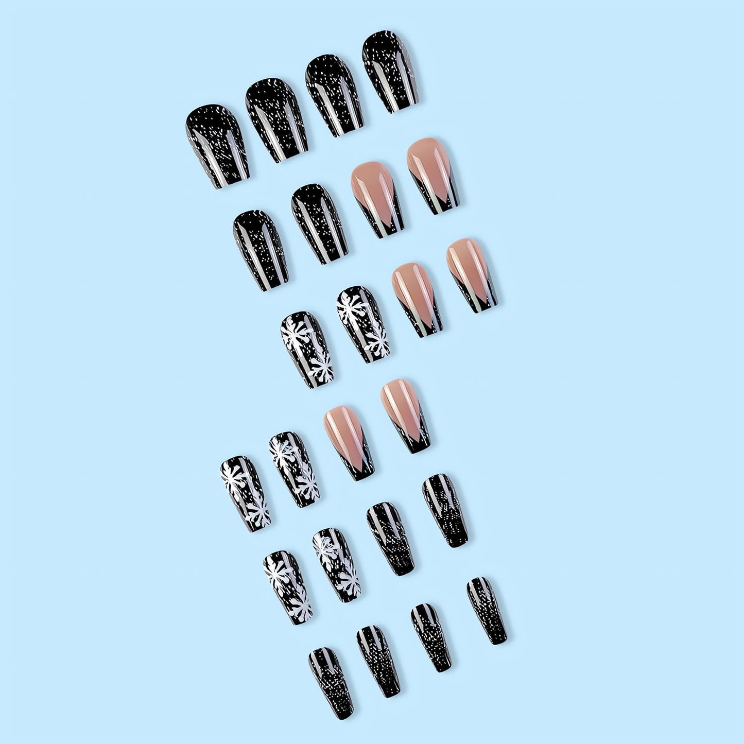 Black Christmas Press on Nails Winter Snowflake Fake Nails Medium Coffin Acrylic Glue on Nails with White Snowflake Glitters Designs Christmas Manicure False Nails for Women Nail Art Decoration 24Pcs
