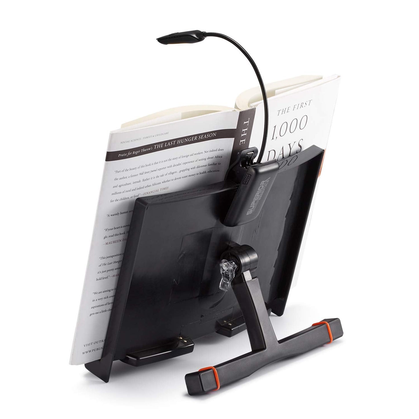 Superior Essentials Book Stand for Reading Hands Free - Recipe Book Cookbook Holder Stand for Kitchen Counter and Page Clips - Ideal for Textbooks, Cookbooks, and Devices