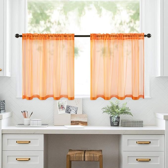 MIULEE 2 Panels Fall Kitchen Tiers Half Window Sheer Curtains-Rod Pocket Voile Drapes for Kitchen Bathroom-Small Windows 29 by 36 Inch Orange