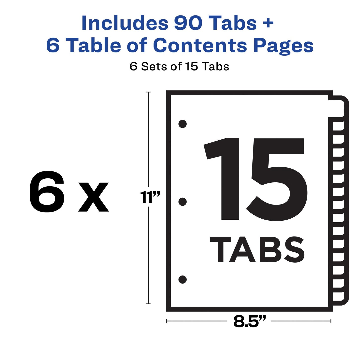 Avery 15 Tab Dividers for 3 Ring Binders, Customizable Table of Contents, Multicolor Tabs, 6 Sets (11197)