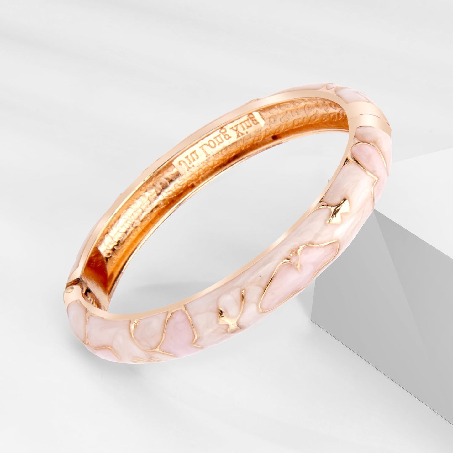 UJOY Elegant Bracelet Enameled Jewelry Spring Hinge Metal Cuff Cloisonne Rose Gold Bangles Set Gift Box Packed 55A45-55A81 Pink White