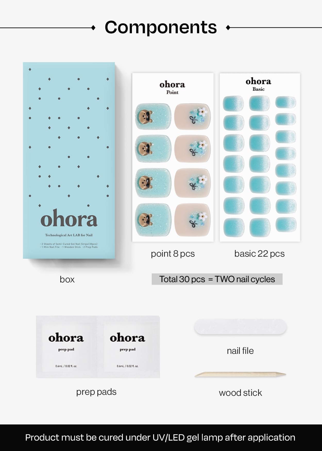 ohora Semi Cured Gel Pedi Strips (P Tanning Bear) - Works with Any Nail Lamps, Salon-Quality, Long Lasting, Easy to Apply & Remove - Includes 2 Prep Pads, Nail File & Wooden Stick