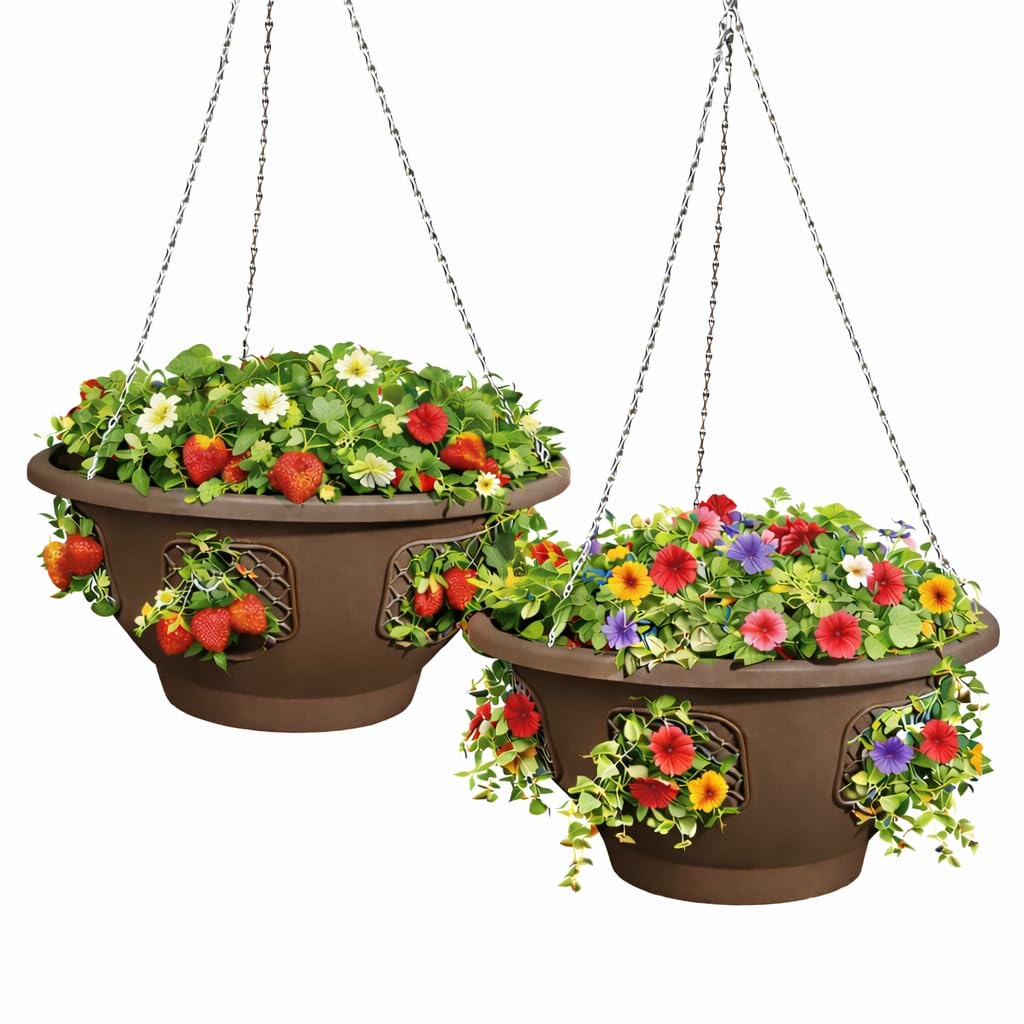 smart spring Ultimate Hanging Baskets - Strawberry, Tomato, Flower, and Herb Outdoor Planters - Use Garden Pots for Growing Plants Outside On A Deck, Fence, or Balcony (Mocha 2pk)