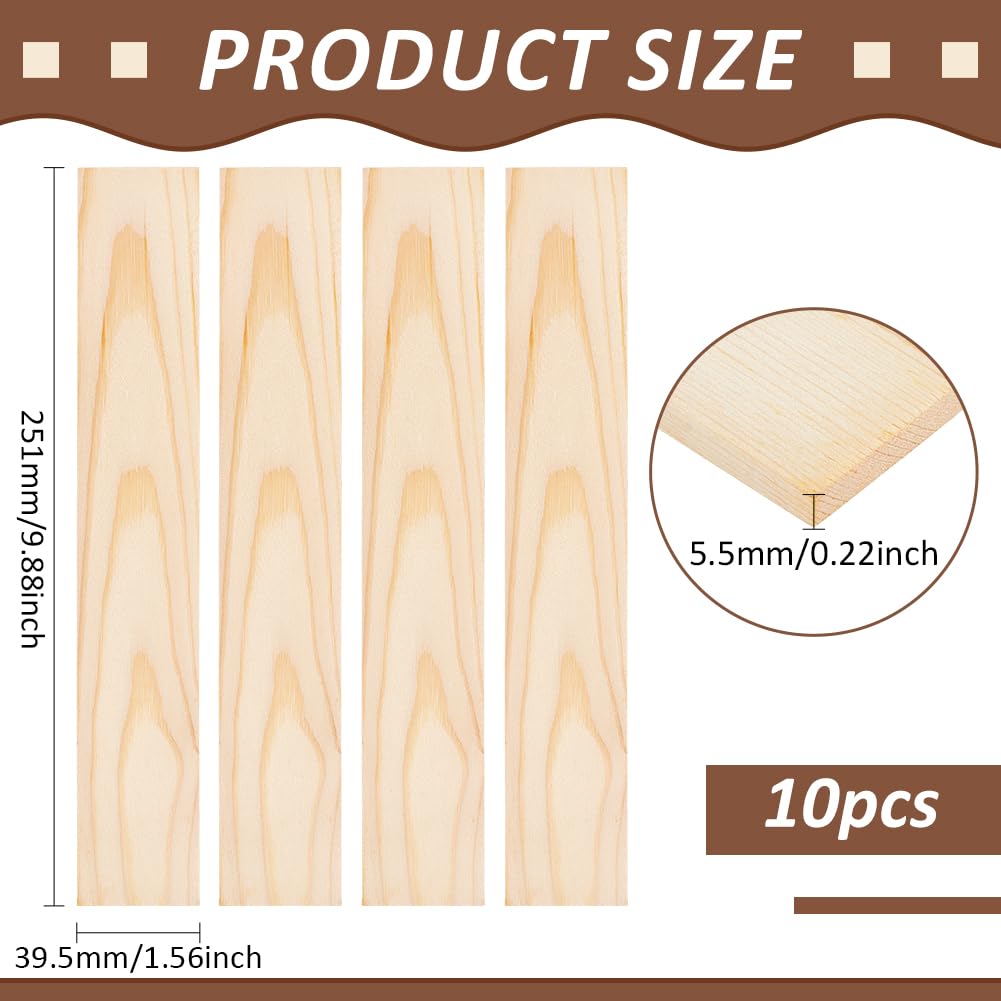 BENECREAT 10pcs Unfinished Wood Blocks, 10 x 1.5inch Rectangle Pine Wood Board, 5.5mm Thick Sheets Carving Blocks for Arts Crafts DIY, Paintings Panel