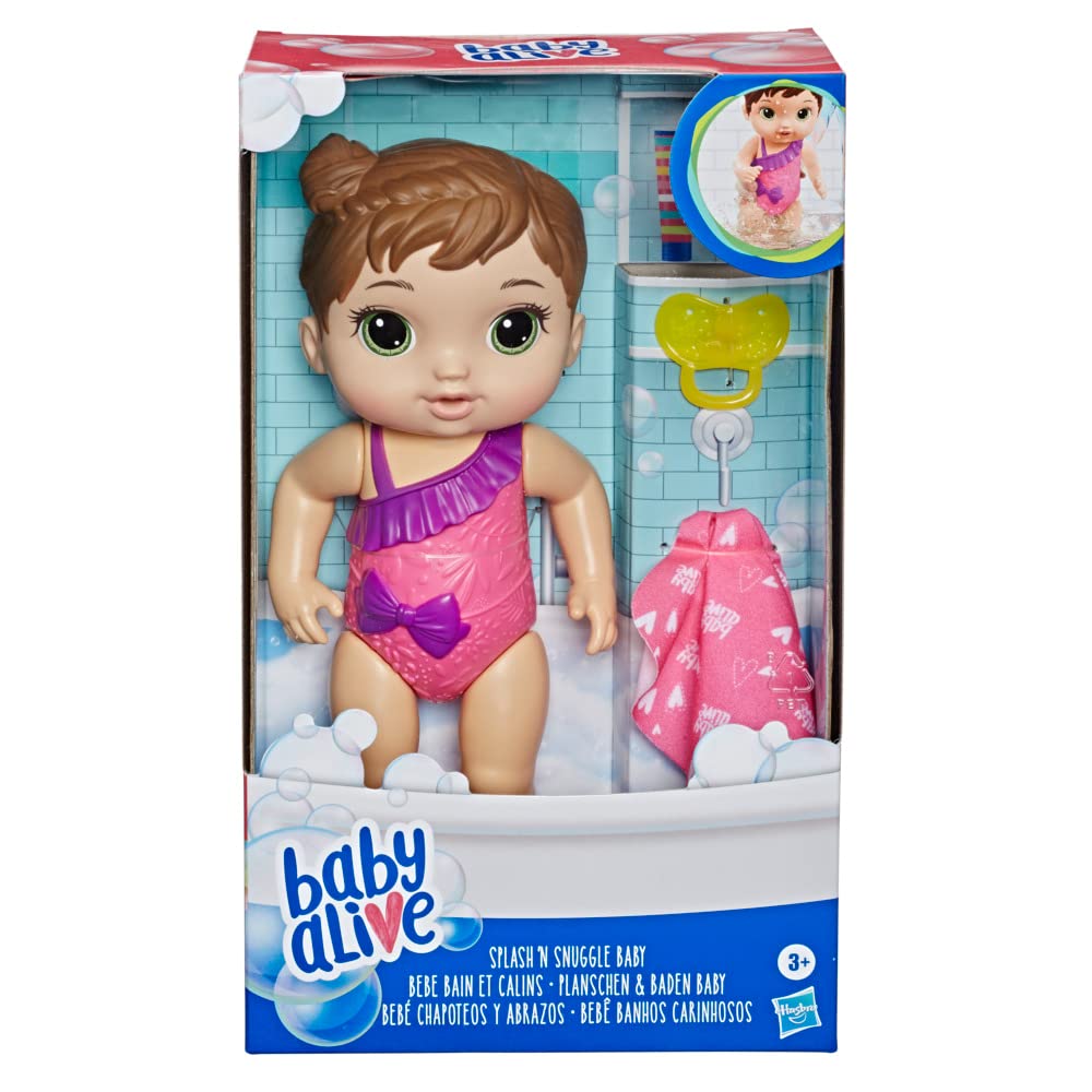 Baby Alive Splash'n Snuggle Baby Brown Hair Doll for Water Play, with Accessories
