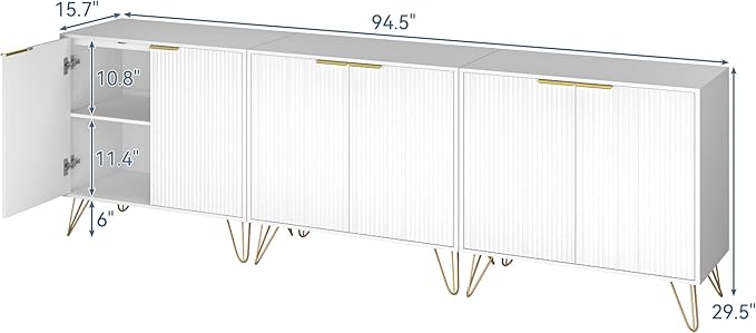 Storage Cabinet Set of 3, White Fluted Cabinet with Adjustable Shelves, Modern Coffee Bar for Kitchen, Living Room and Office