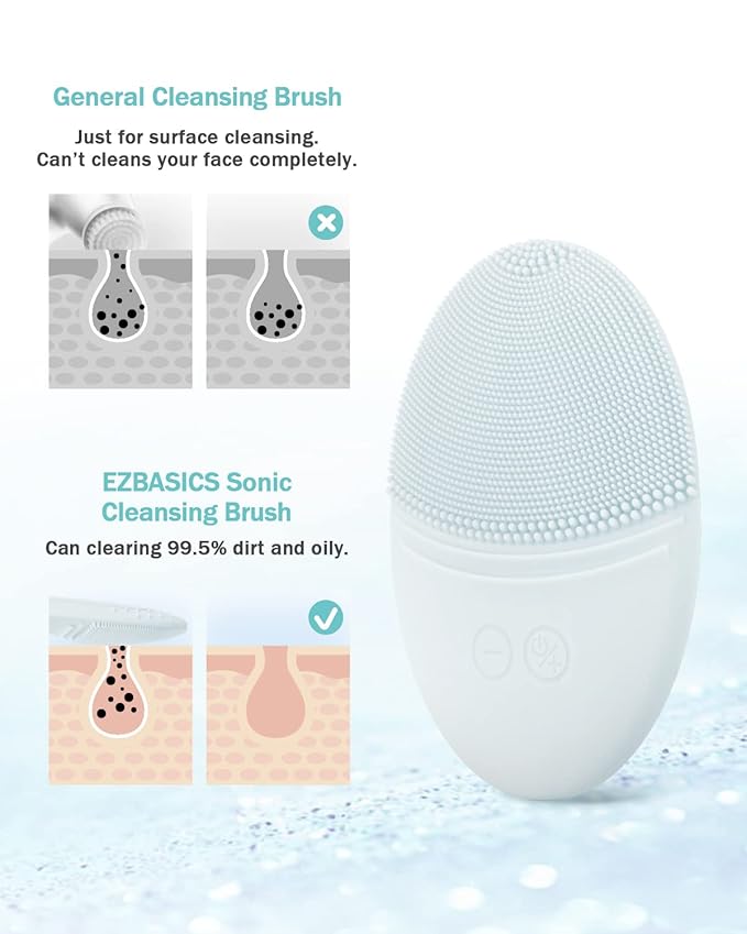 EZBASICS Facial Cleansing Brush Made with Ultra Hygienic Soft Silicone, Waterproof Sonic Vibrating Face Brush for Deep Cleansing, Gentle Exfoliating and Massaging, Inductive Charging (Light Grey)