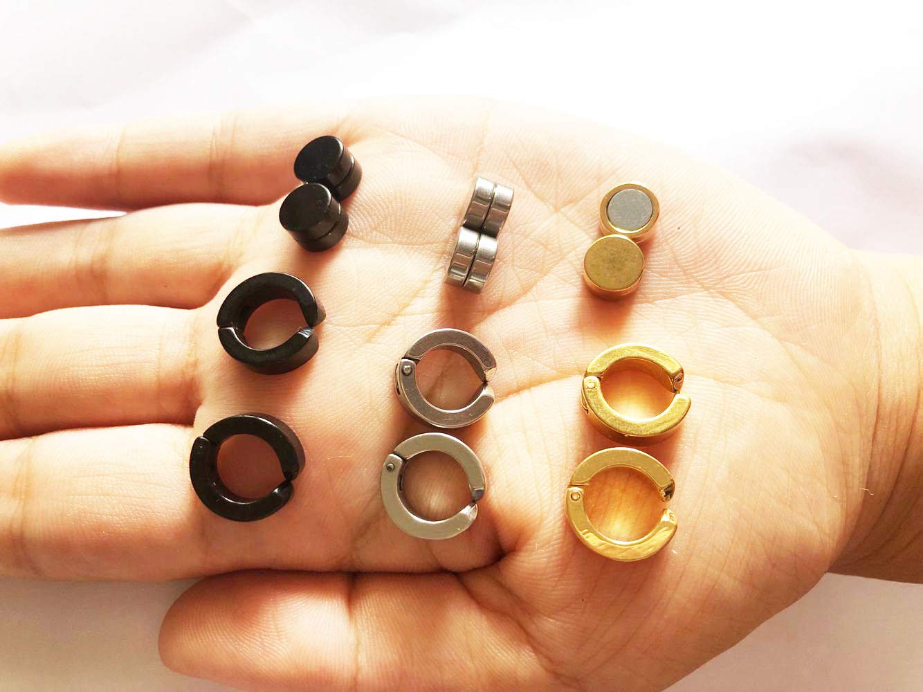 6 Pairs 9MM Non Piercing Cip on Hoop Earrings 8MM Magnetic Fake Gauges Earrings Studs