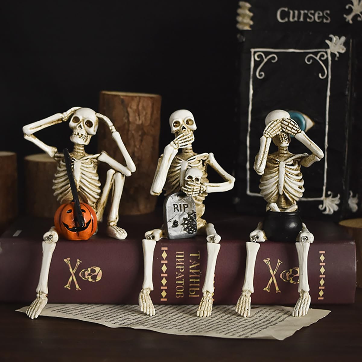 Set of 3 Skeleton Shelf Sitters – Halloween “See No Evil, Speak No Evil, Hear No Evil” Figurines – Gothic Skull Decoration with Legs Dangling – Spooky Funny Shelf Decor for Home, Party, Office