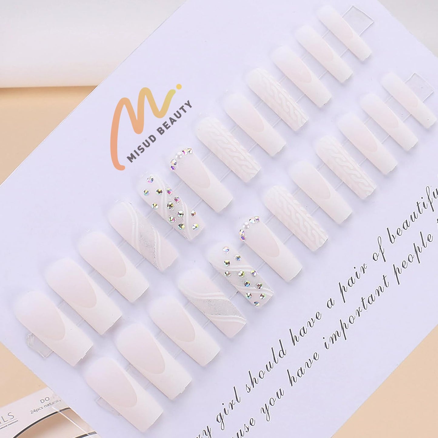 MISUD Press on Nails - Long Square Glue on Nails with White, Acrylic Wedding Bride Design 24 pcs