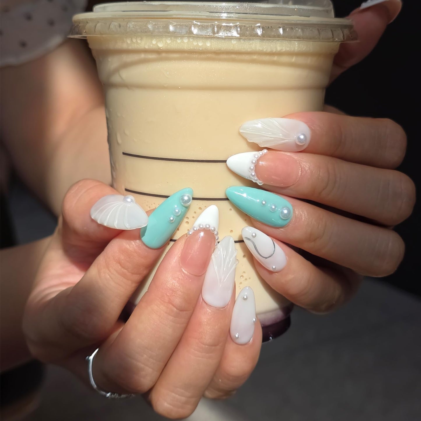 3D Pearl White Floral Red Press On Nails for Wedding, Handmade Medium Almond Nude Base White French-Tip Gel Acrylic 30pcs Reusable (Wedding Collection, Size M)