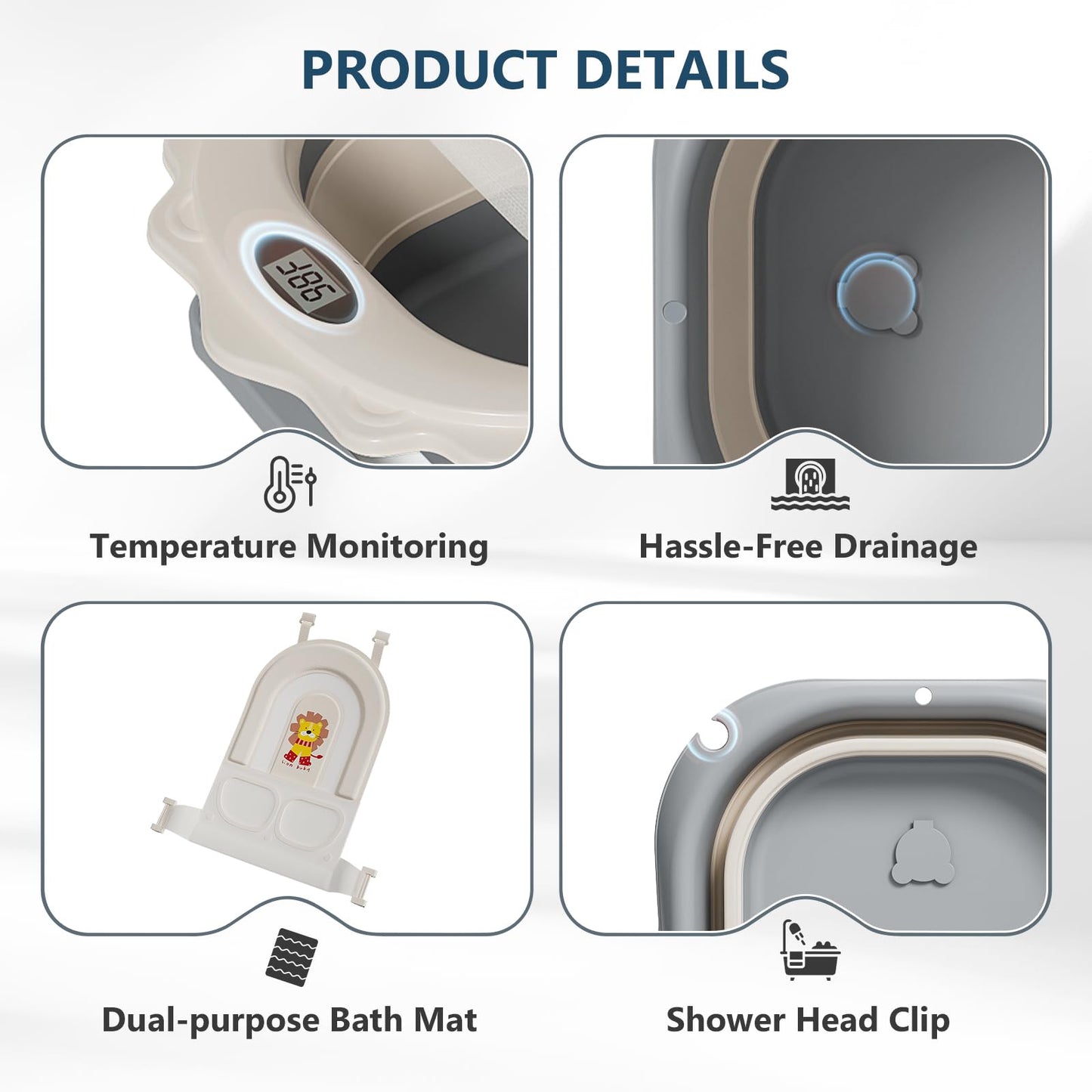 MoreFeel Foldable Baby Bathtub with Thermometer - 4-in-1 Grow-with-Me Collapsible Infant Tub (Newborn to Toddler) with Adjustable Mesh Sling - Space Saving Design