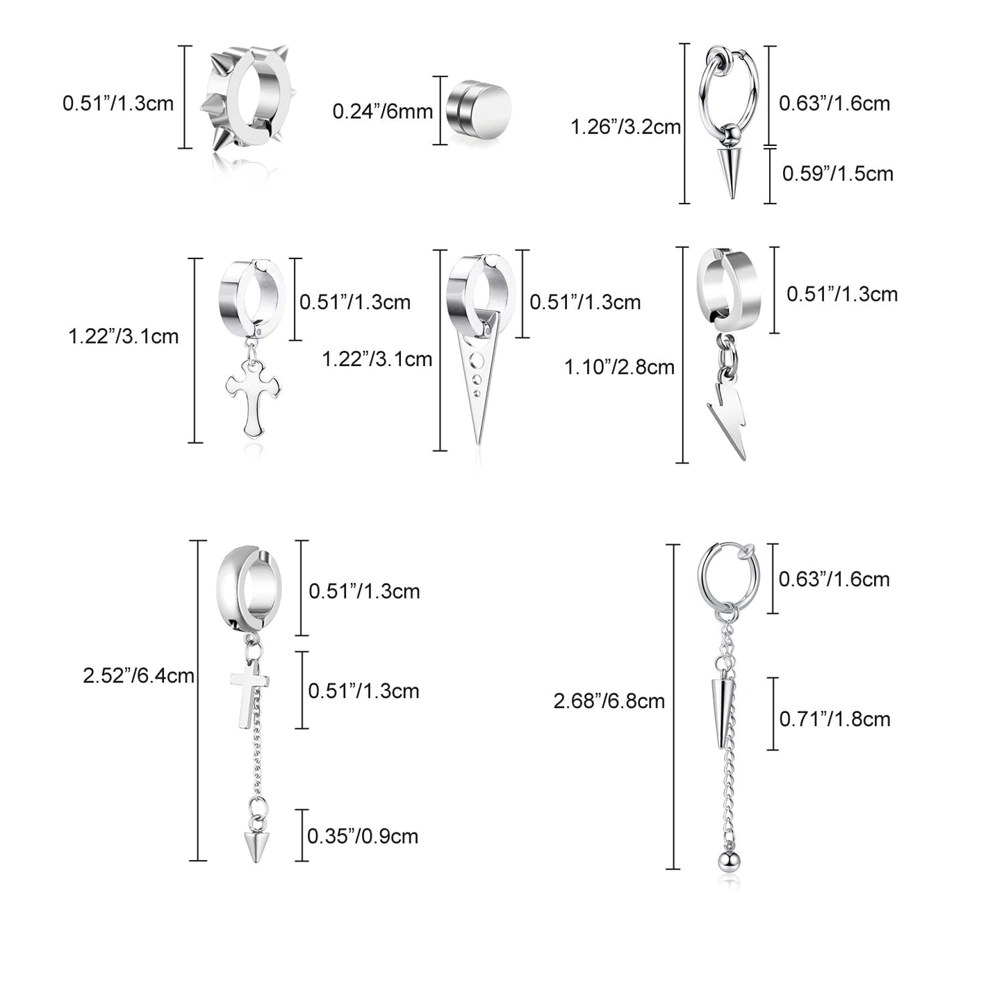 14 Pcs Silver Punk Stainless Steel Fake Piercing Spike Rivet Cross Triangle Dangle Tassel Clip on Hoop Earrings Set for Women Men, Non Pierced Fake Stud Earrings (Silver-Set A)