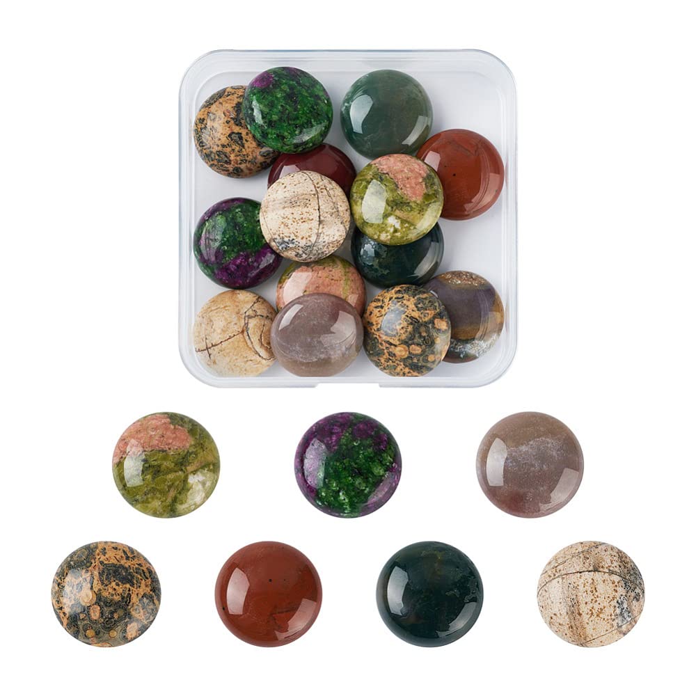 Fashewelry 14pcs 20mm Mixed Natural Round Stone Cabochons Flatback Gemstone Dome Cabs for Blank Bezel Pendant Tray, Wire Wrapping Necklace Bracelet Jewelry Making