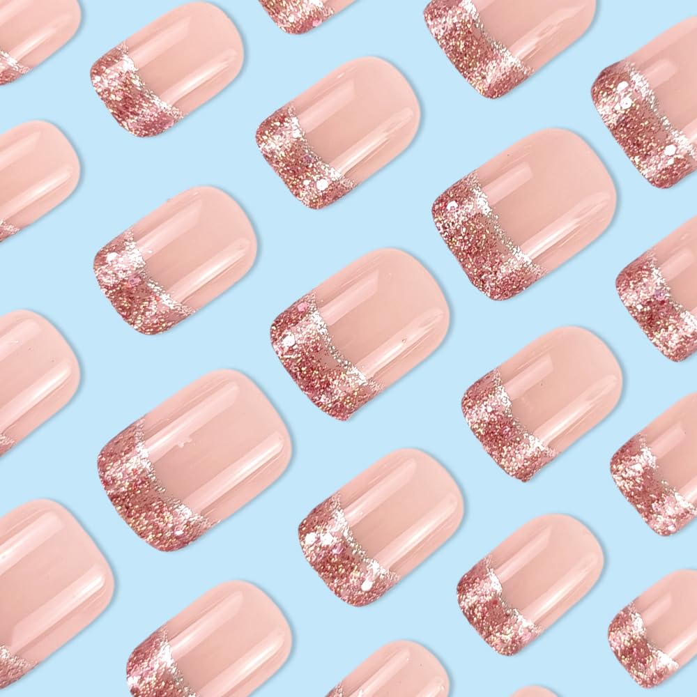 Starry Sky French Tip Press on Nails Medium Square Fake Nails Silver Glitter French Design False Nails Shine Nude Pink Full Cover Glossy Acrylicl Artificial Nails for Women Manicure Salon 24Pcs