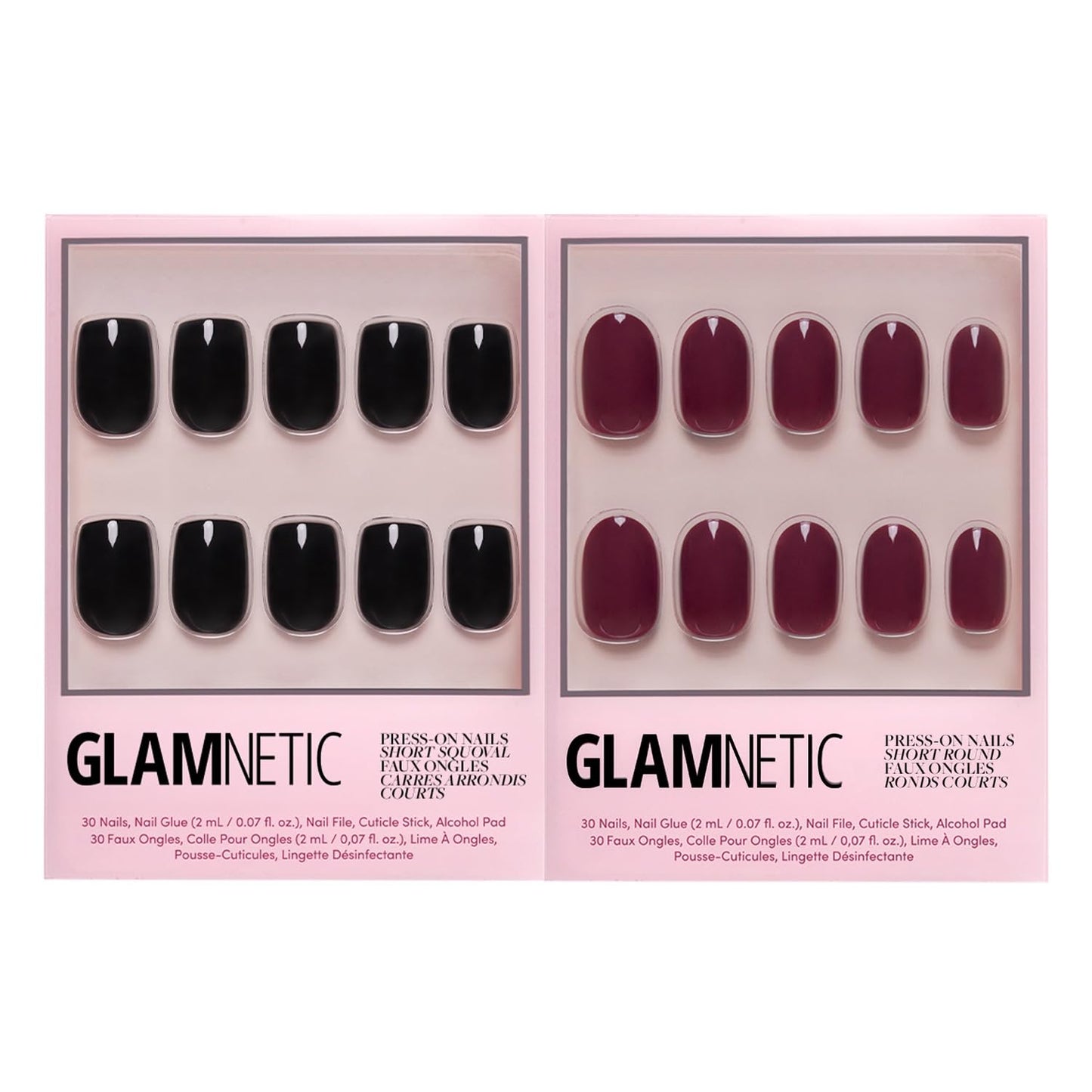 Glamnetic Press-On Nails Bundle - Jet Black & Berry Maroon | Short Squoval Black Fake Nails with a Glossy Finish | Dark Red Maroon Short Round Nails | Durable, Salon-Quality Nail Kits