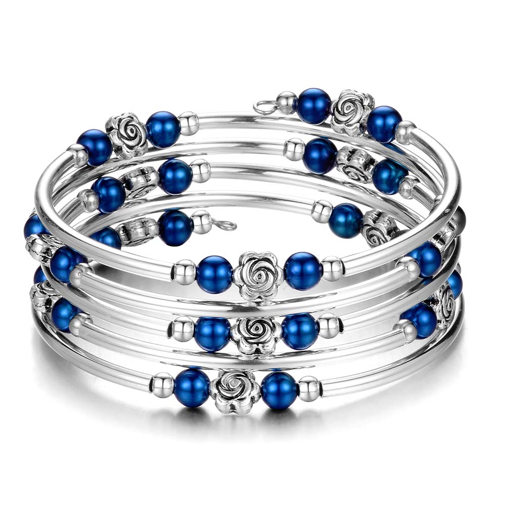 BULINLIN Wrap Bangle Rose Bead Bracelet - Beaded Bracelet with Natural Agate Stone Gifts For Women(01-Sapphire pearl)