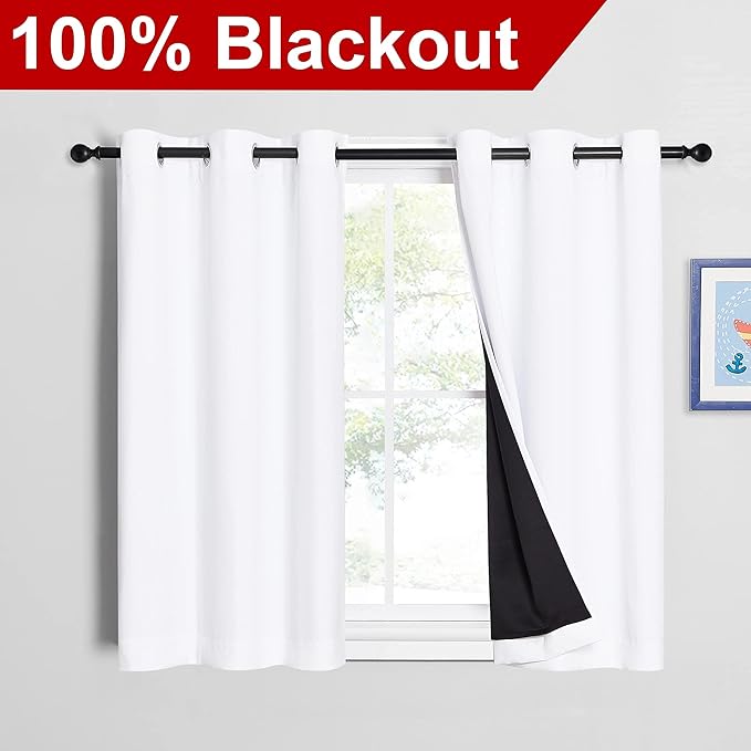 NICETOWN White 100% Blackout Curtains 45 inches Long, 2 Thick Layers Completely Blackout Window Treatment Thermal Insulated Lined Drapes for Small Window (1 Pair, 42 inches Width Each Panel)