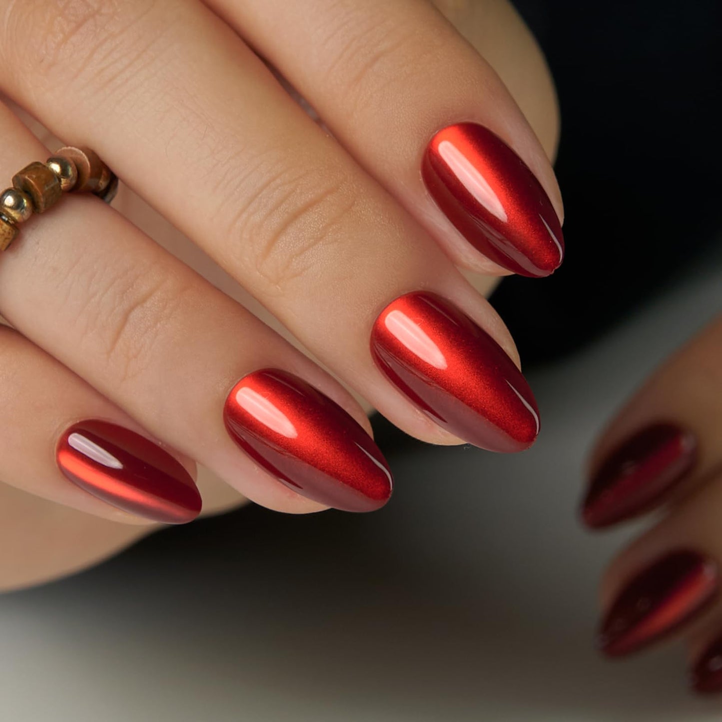 Curvlife Soft Gel Almond Press On Nails – Reusable Red Strip Cat Eye False Natural Fit Medium Christmas Fake Nails Tips Stick Ons, Salon Quality UV Finish