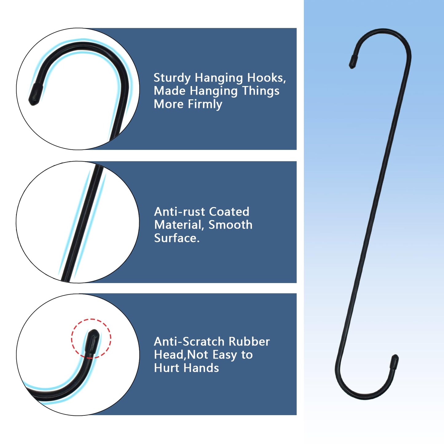 KEEPFFYE 6 Pack 10 inch Extra Large S Hooks for Hanging Plants,Black Heavy Duty Long Plant Hook for Hanging Baskets Outdoor Plant Hangers Extension Hooks for Bird Feeders,Kitchenware,Pergola,Outdoor