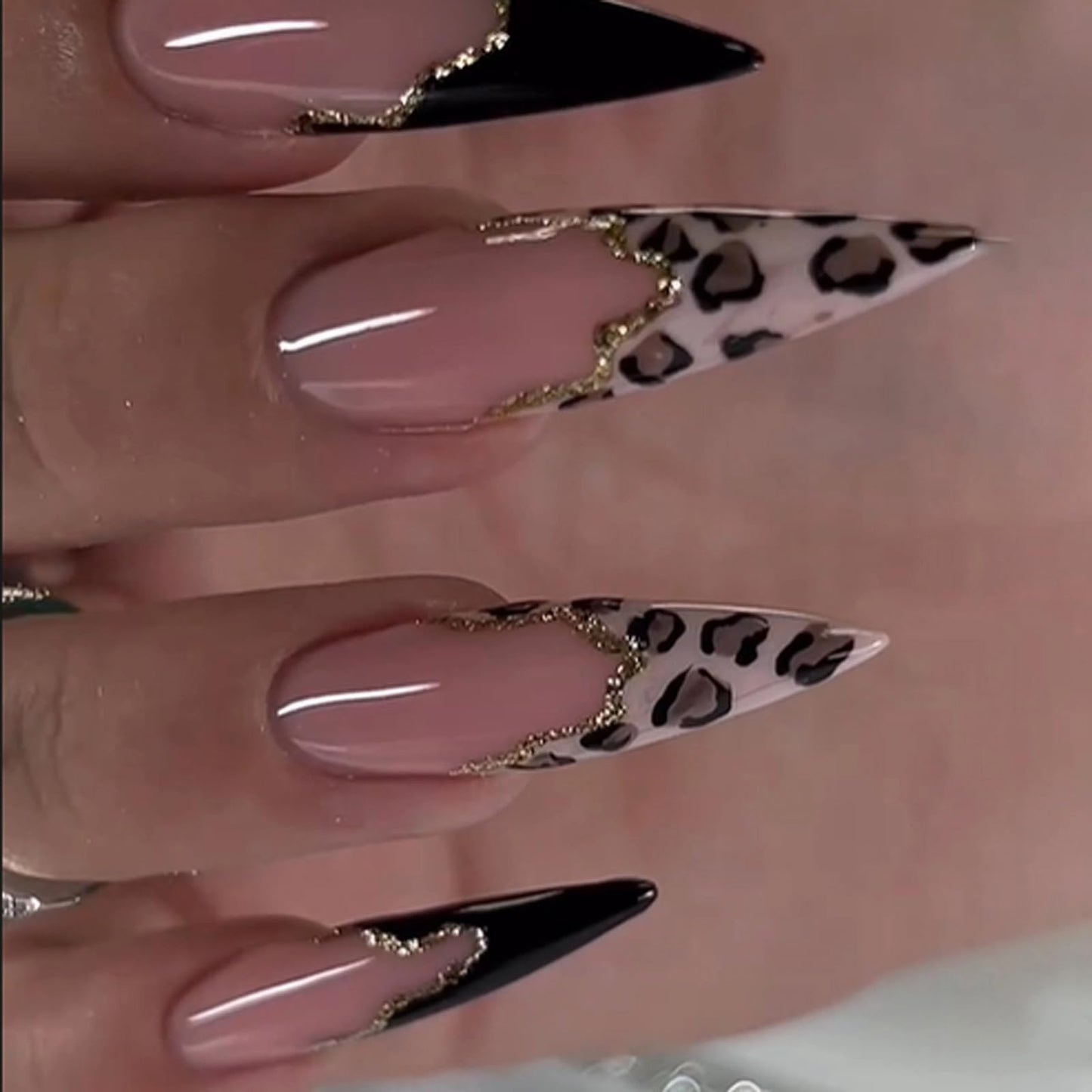 MISUD Press on Nails - Long Stiletto Glue on Nails with Black French Tip, Acrylic Cheetah Leopard Design 24 pcs