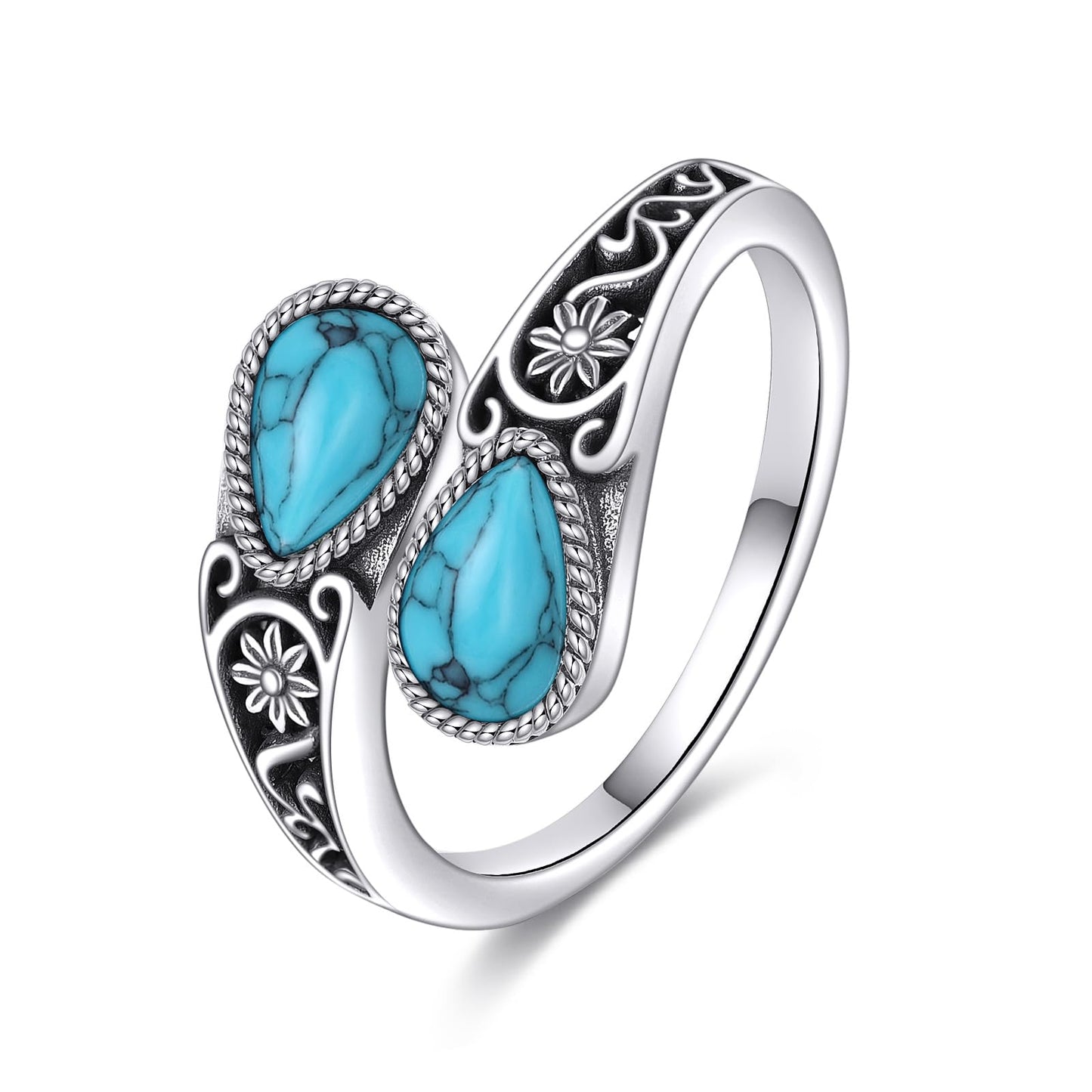 POPLYKE Turquoise Filigree Spoon Ring Sterling Silver Boho Western Turquoise Open Ring Statement Jewelry Gifts for Women