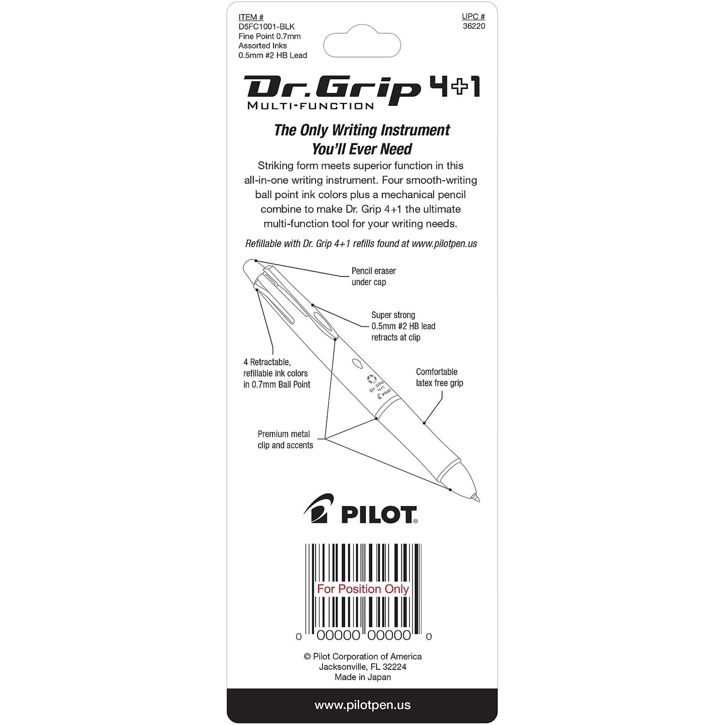 PILOT Dr. Grip 4+1 Multi-Function Refillable & Retractable Ballpoint Pen + Pencil, Fine Point, Black Barrel, Black/Red/Blue/Green Inks, Single Pen (36220)