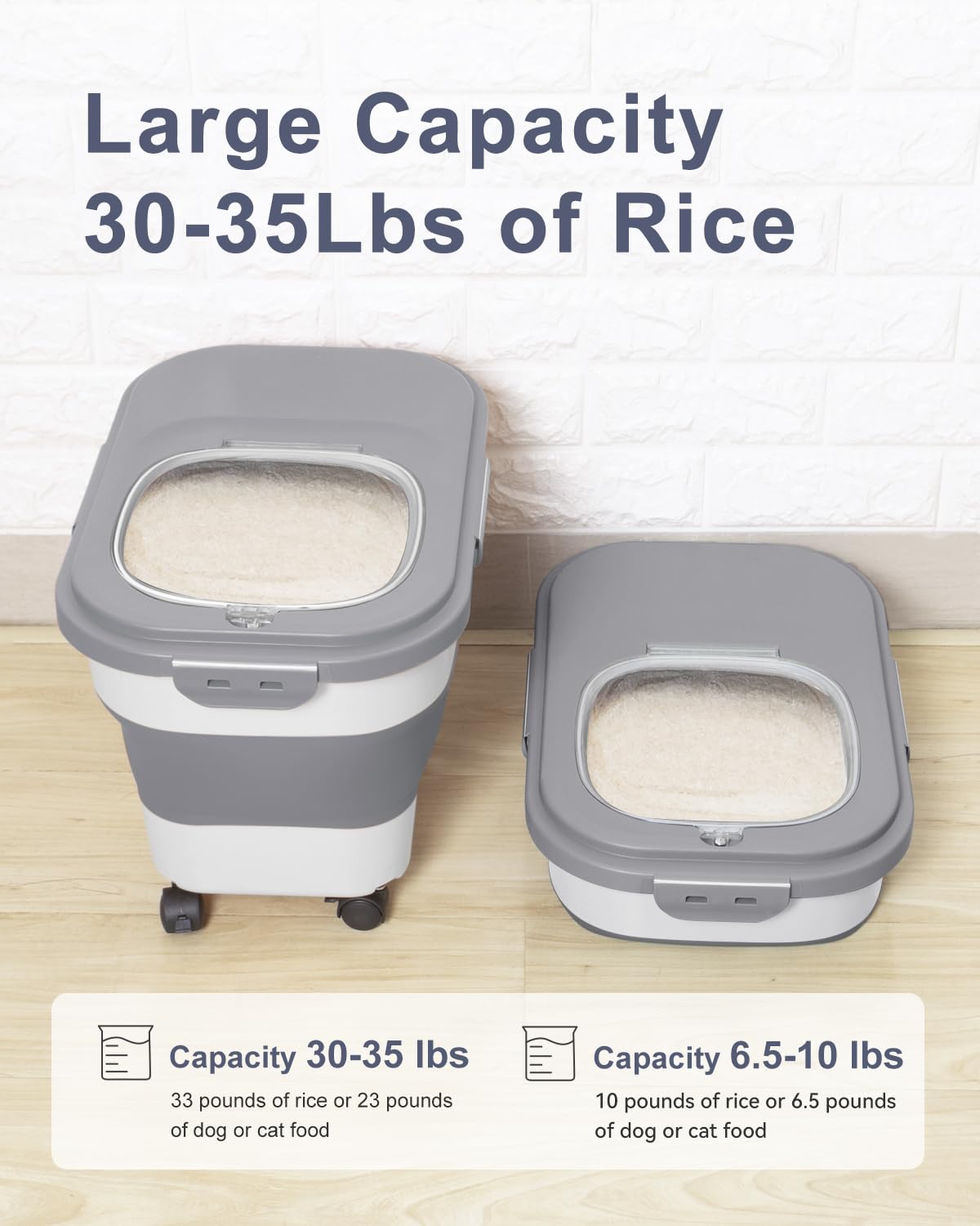 DDMOMMY 20-30 Lbs Rice Storage Container,Collapsible Food Storage Containers with Rolling Wheel Airtight Locking Lid,Flour Storage Container with Cup and Scoop,Suitable for Food,Rice,Pet Food,Flour