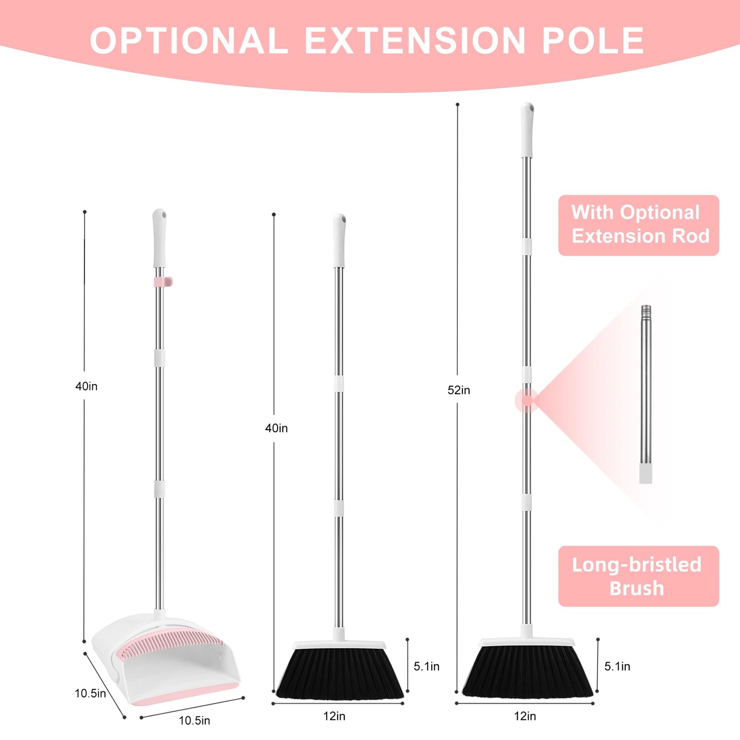 Broom with Dustpan Combo Set for Home 52-in Long Adjustable Handle Angle Broom and Dustpan Set with Dustpan Comb Teeth for Sweeping Pet Hair Food Dirt Kitchen
